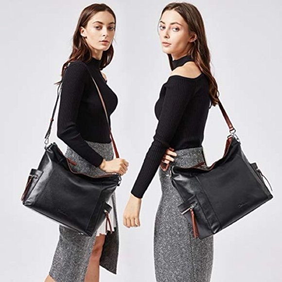 Bostanten LG Black Leather Shoulder Tote Bag Purse Zip Pockets Adjustable Strap - Picture 11 of 13